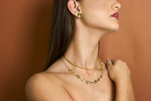 O destaque da imagem é um colar dourado elegante!
